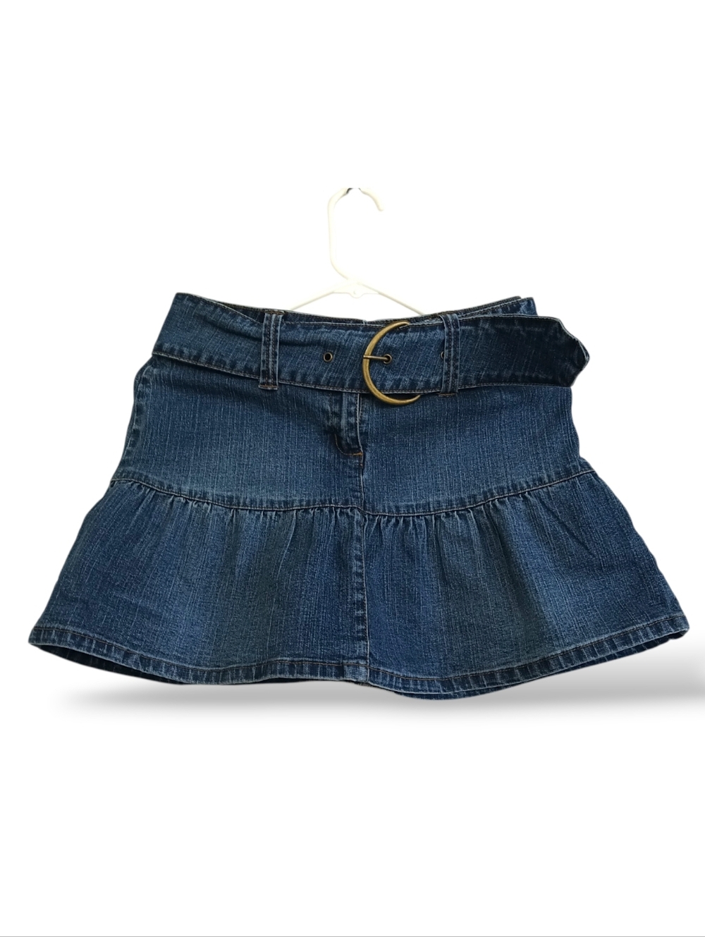NoBo Denim Ruffle Micro Mini Skirt Wide Belt Flirty Dark Blue Y2K Sexy Cute XS